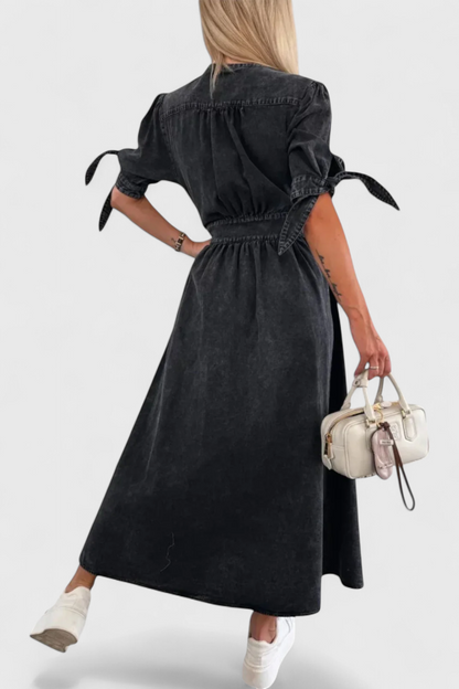 Adelina Vestido Midi de Denim con Botones y Escote en V
