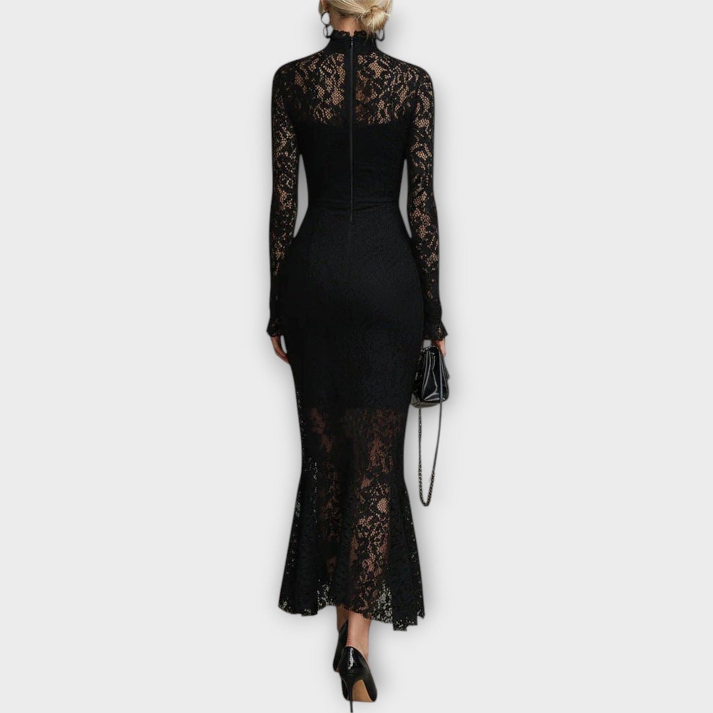 Vestido Midi Elegante de Encaje con Cuello Alto