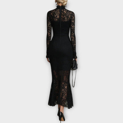 Vestido Midi Elegante de Encaje con Cuello Alto