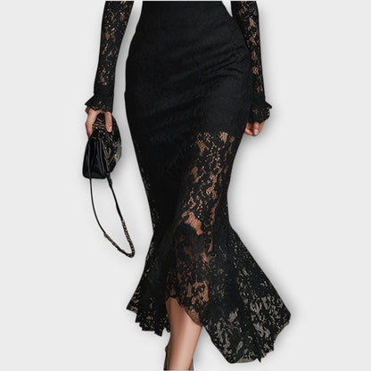 Vestido Midi Elegante de Encaje con Cuello Alto