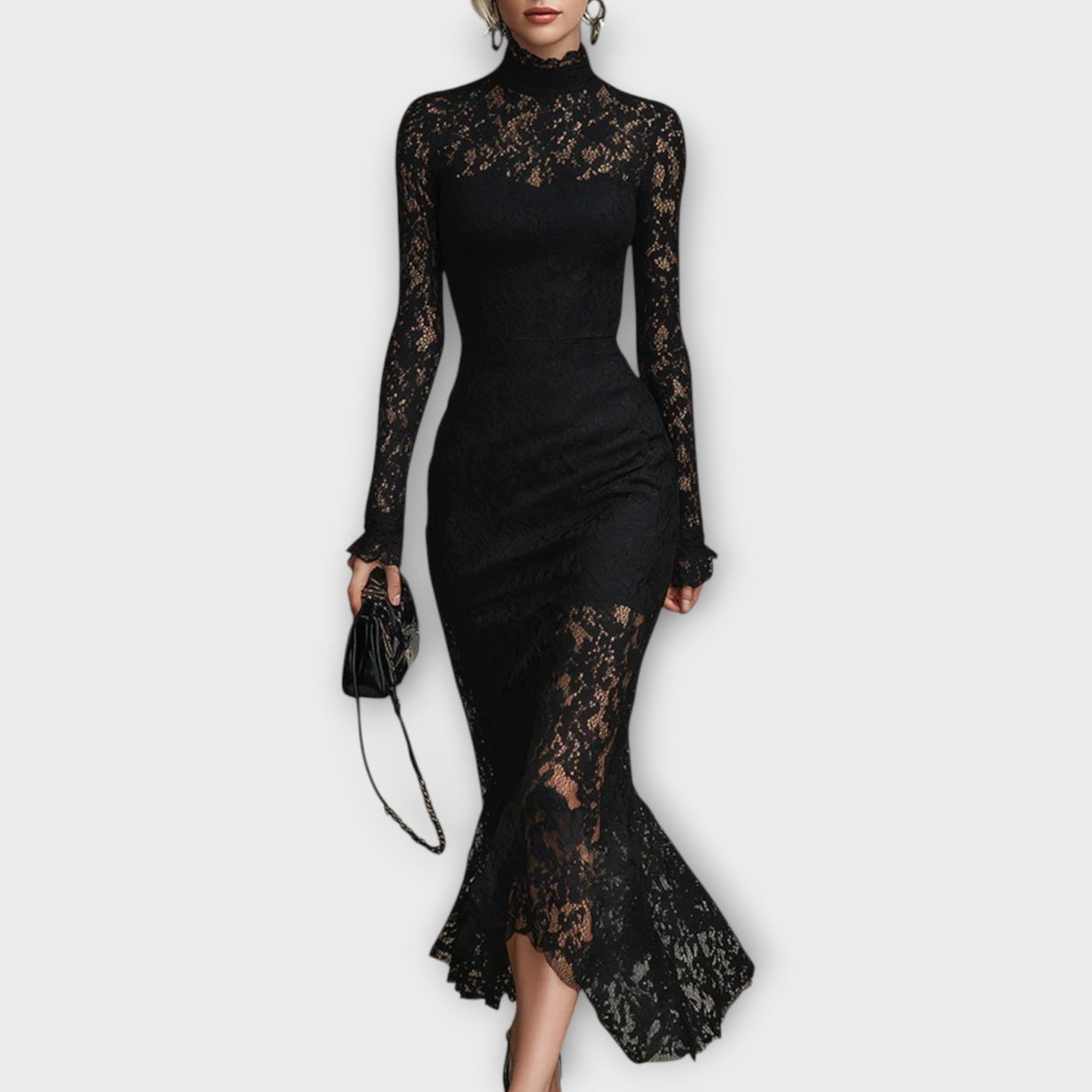 Vestido Midi Elegante de Encaje con Cuello Alto