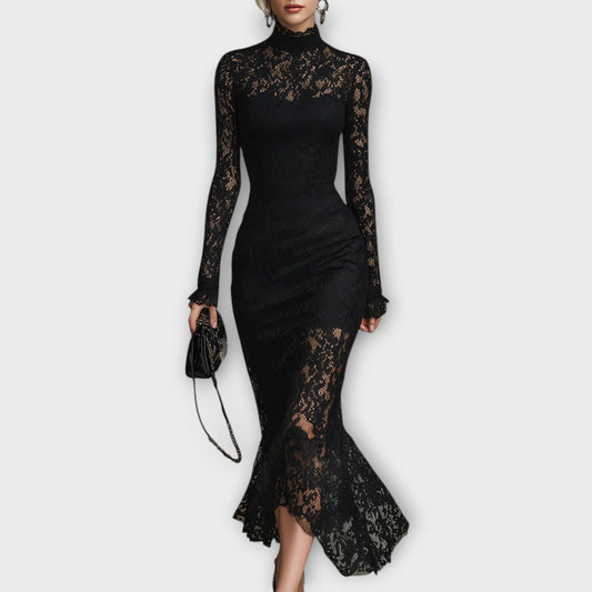 Vestido Midi Elegante de Encaje con Cuello Alto