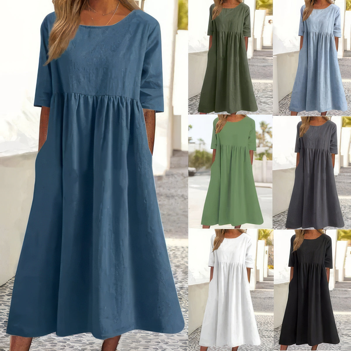 Maikee - Vestido de algodón con escote redondo y bolsillos