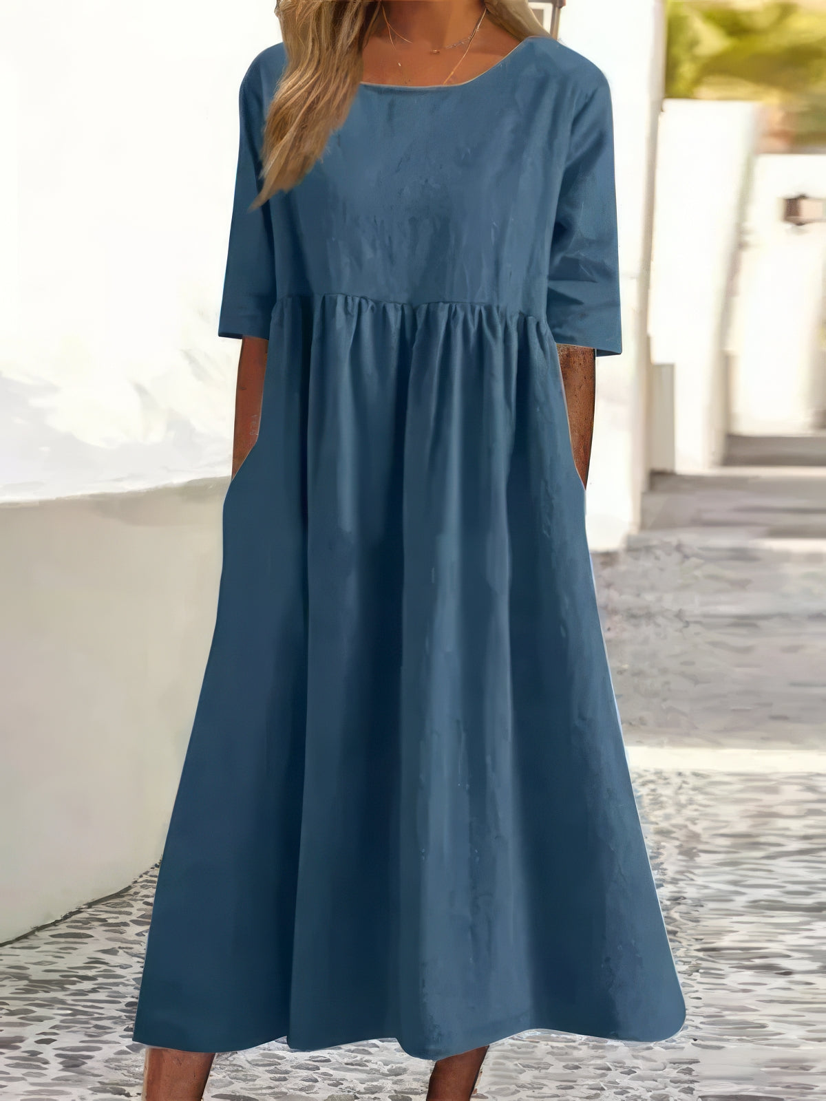 Maikee - Vestido de algodón con escote redondo y bolsillos