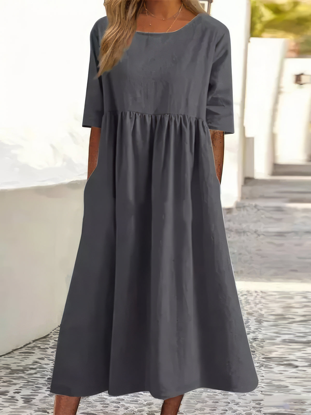 Maikee - Vestido de algodón con escote redondo y bolsillos