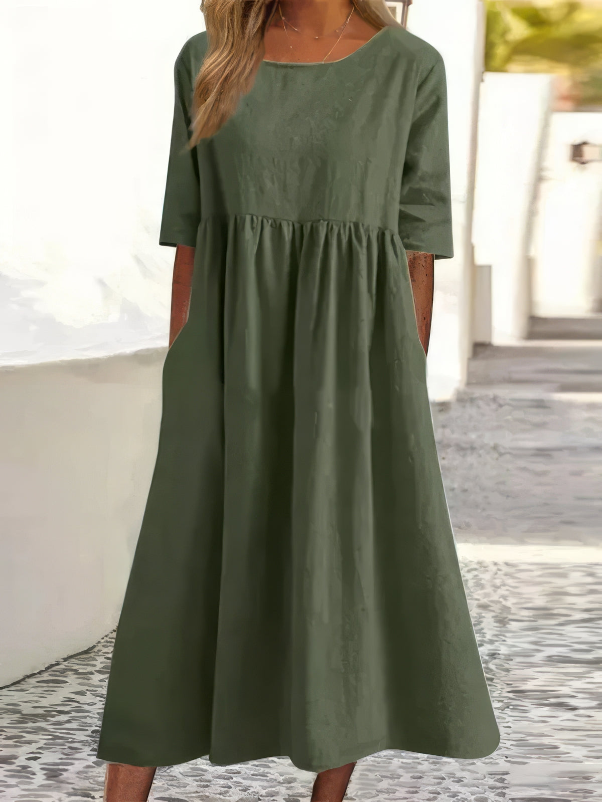 Maikee - Vestido de algodón con escote redondo y bolsillos